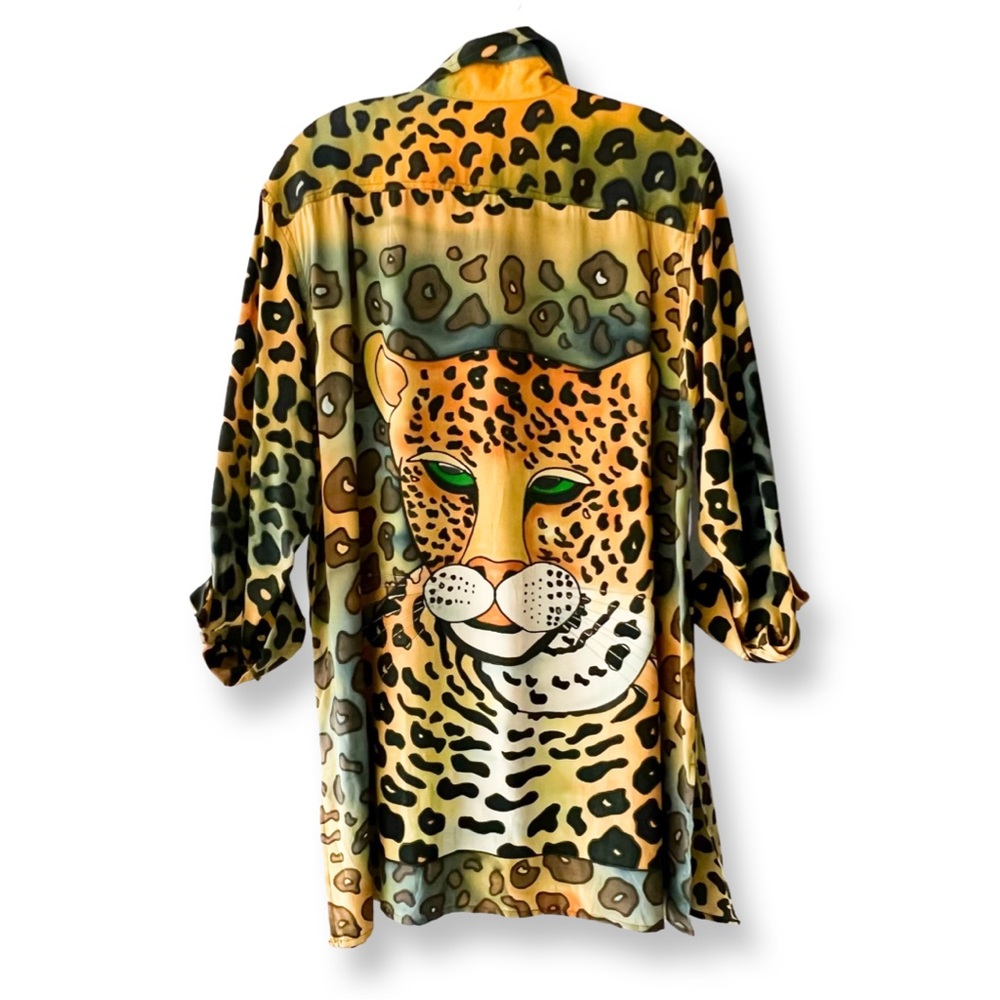 Stunning Vintage Silk Leopard Cat Tunic Blouse, S. S/M